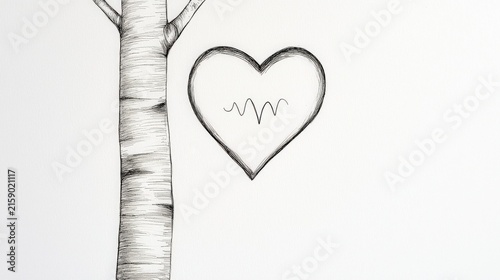 Hand-drawn tree illustration with heart shape and heartbeat line on white background for creative concepts