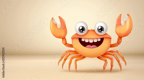 Happy Cartoon Crab Character with Big Eyes and Cheerful Expression on Simple Background