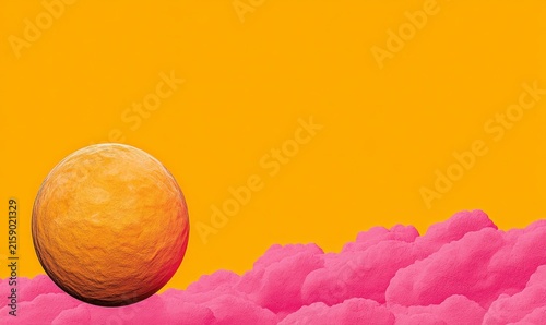 Colorful abstract landscape featuring a vibrant orange sphere against a bright yellow background and pink clouds