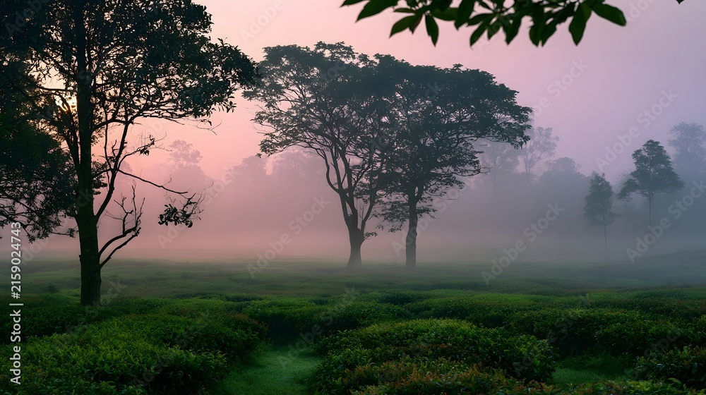 Fototapeta premium Misty dawn over lush green tea fields with silhouetted trees against soft pink and purple sky