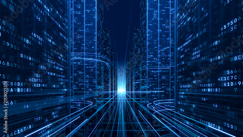 Streaming data, binary data moving in a Data Center - Digital Code City ai, artificial intelligence concept - 3d illustration