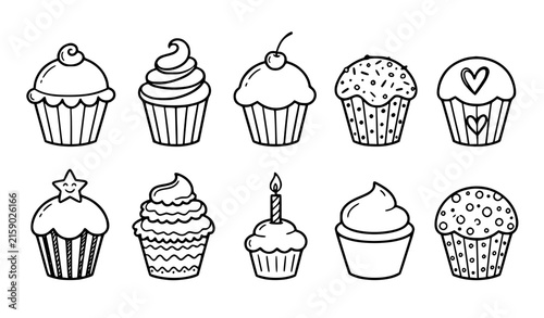 Hand drawn cupcake doodle black outline food vector illustration collection