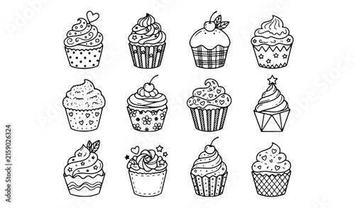 Cute hand drawn cupcake doodle black and white vector illustration set