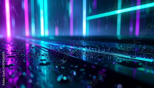 Abstract dark acrylic sheet with water droplets illuminated by neon light lines