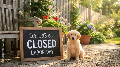 Cute golden retriever puppy sitting next to closed sign for Labor Day in garden