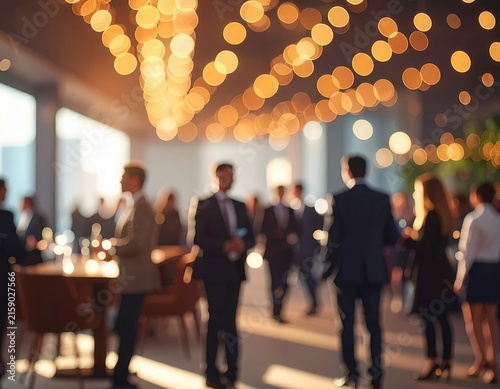 Blurred professional networking event with people talking under warm bokeh lights