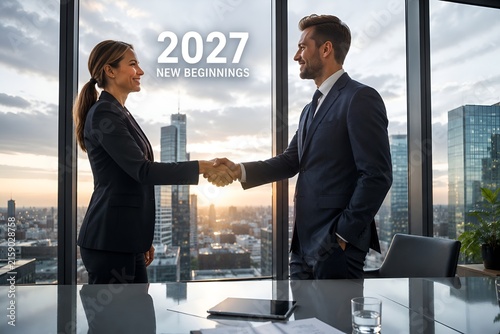 Business partners shaking hands in modern office with 2027 new year greeting text overlay