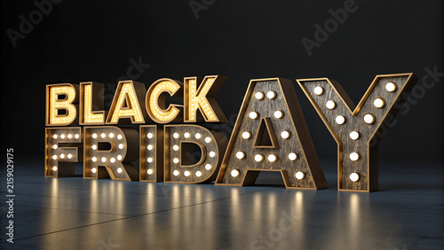 3D Black Friday Marquee Sign with Light Bulbs on Dark Wooden Floor