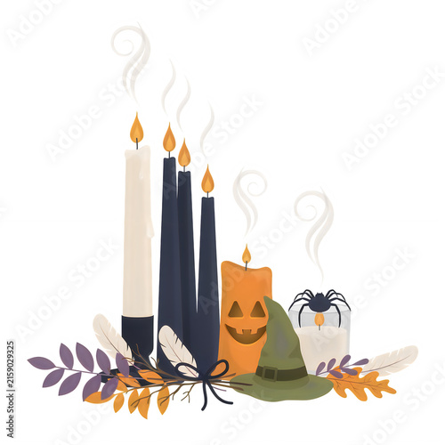 Halloween candles with witch hat and spider during autumn celebration isolated on transparent background