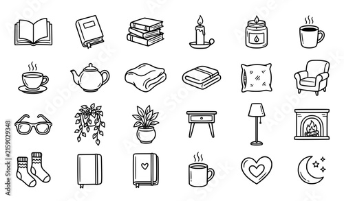 Cozy Hygge Doodle Icon Set – Books, Candles, Warm Drinks and Self-Care Elements