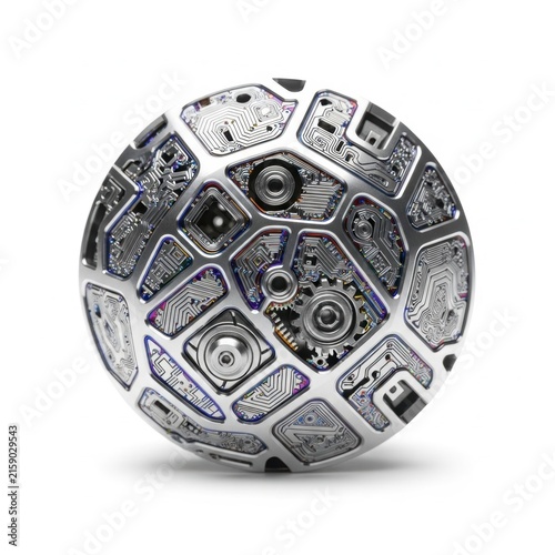 A detailed macro shot of a precision engineered metal component with complex geometric patterns, isolated on a clean white background, silver, tool, structure