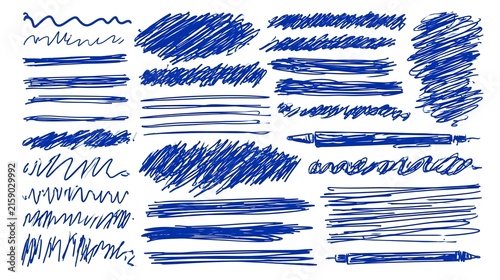 Blue ball pen scribble doodle collection with notebook sketch lines, squiggle underlines, hand drawn journal marks, school note elements, abstract pen strokes and vector illustration Stock Vector