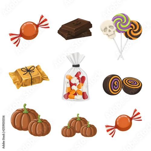 Halloween candy collection with pumpkins and skull lollipops isolated on transparent background