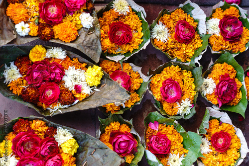 India. Uttarakhand. Haridwar. Offerings from marigold and rose flowers and leaves