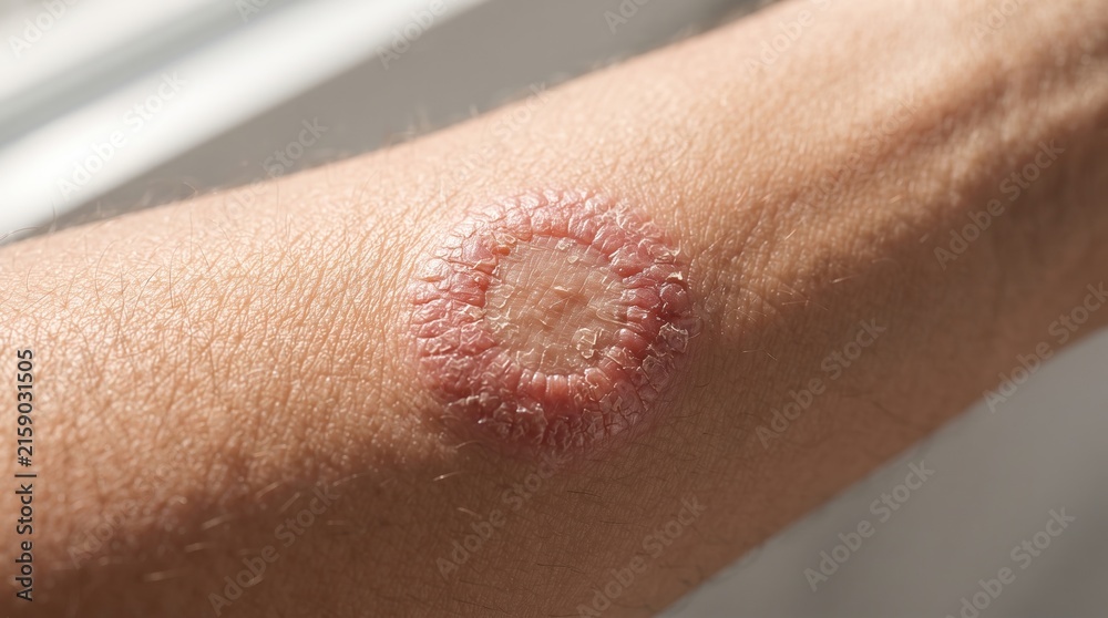 Fototapeta premium Close Up of Arm with Ringworm Tinea Corporis or Lyme Disease Tick Bite Rash