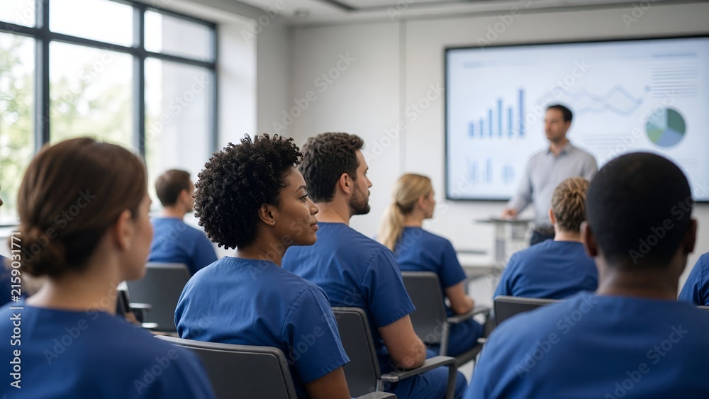 Fototapeta premium Medical Professionals Attending a Professional Training Seminar in a Modern Hospital Room