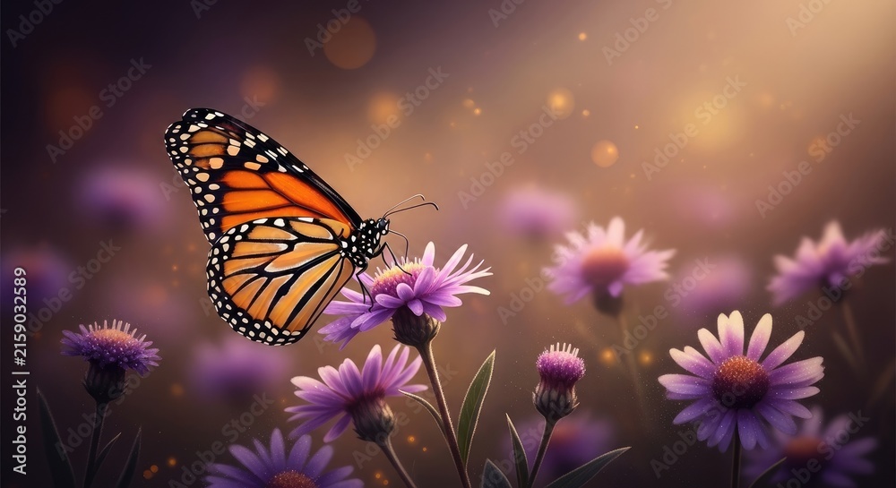 Obraz premium Monarch butterfly on purple wildflowers in a sunlit meadow