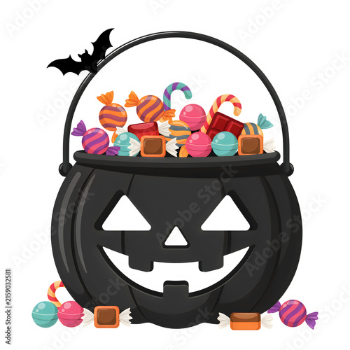 Halloween cauldron filled with assorted colorful candies and a bat silhouette isolated on transparent background