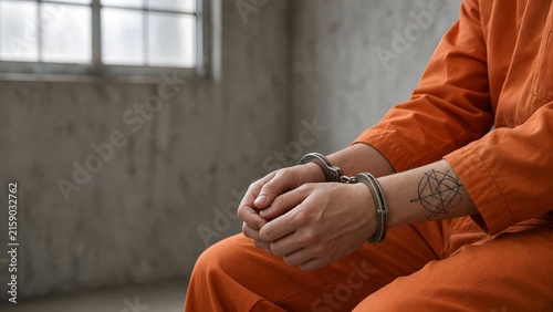 Close-up of a Prisoner in Orange Jumpsuit Sitting with Handcuffs in a Dim Detention Cell