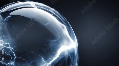 Abstract high tech energy background, elegant luminous electrical arcs contained inside a transparent glass like environment, subtle blue white glow