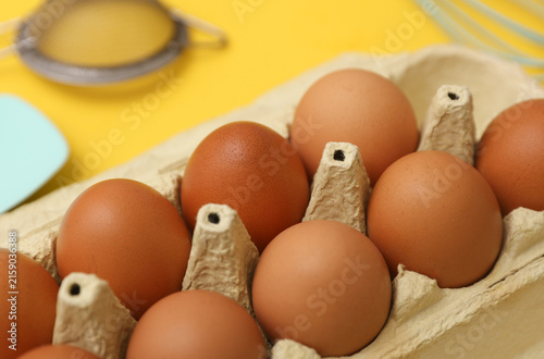 Canvastavla Tray of eggs, cooking ingredients and kitchen utensils on the table
