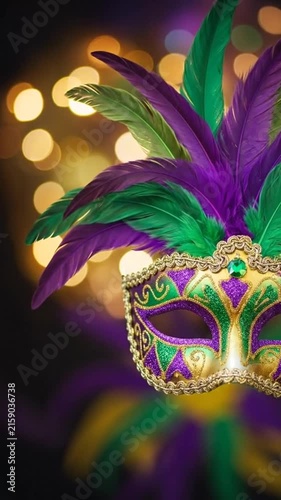A glittering festive mask decorated with purple feathers for celebration