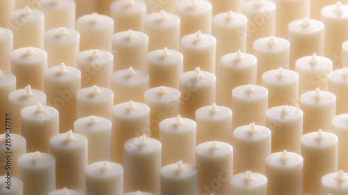 Extreme macro texture of hundreds of identical minimalist candles densely arranged together, repeating cylindrical wax surfaces and cotton wicks
