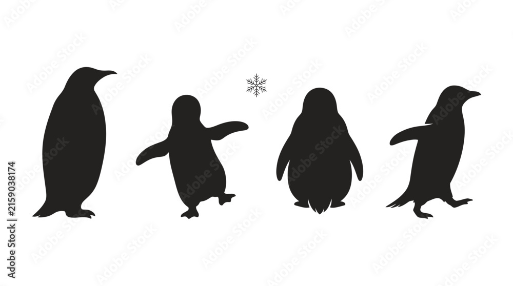 Fototapeta premium Four black penguin silhouettes standing on white background with a small snowflake icon above them