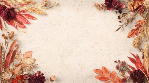 Luxury autumn botanical frame made of dried orange leaves, burgundy flowers, golden grasses and delicate seed pods, warm cream background, elegant