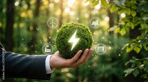 Concept of saving energy and renewable green energy with a moss-covered globe and icons.