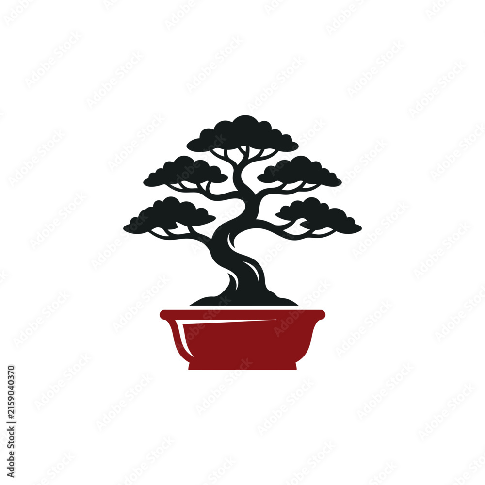 Obraz premium Bonsai tree silhouette in red ceramic pot.