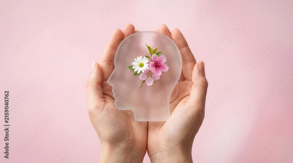 Fototapeta premium A frosted head profile with beautiful flowers held in hands for mindfulness and mental health.