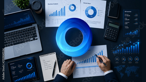 Overhead Business Analytics Workspace with Financial Charts, KPI Dashboard and Blue 3D Ring Concept