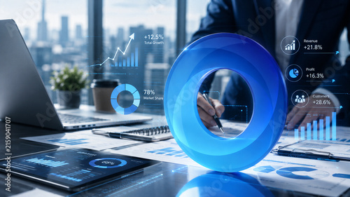 Business Analytics and Financial Data Analysis with Blue 3D Ring, Growth Charts and Corporate Dashboard