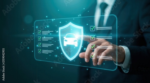 A financial advisor manages customer trust and automotive insurance compliance via a futuristic digital display.