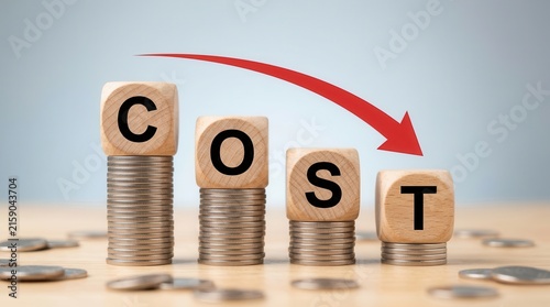 Concept of efficiency and saving strategy featuring cost reduction via declining coin stacks and a red arrow.