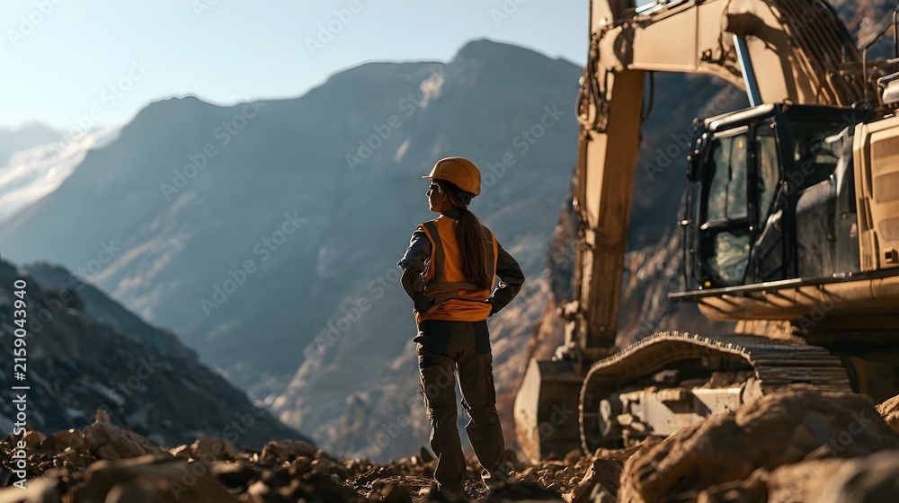 Obraz premium Female engineer in safety vest and hard hat using a digital tablet, monitoring an electrical substation for energy grid management and infrastructure maintenance