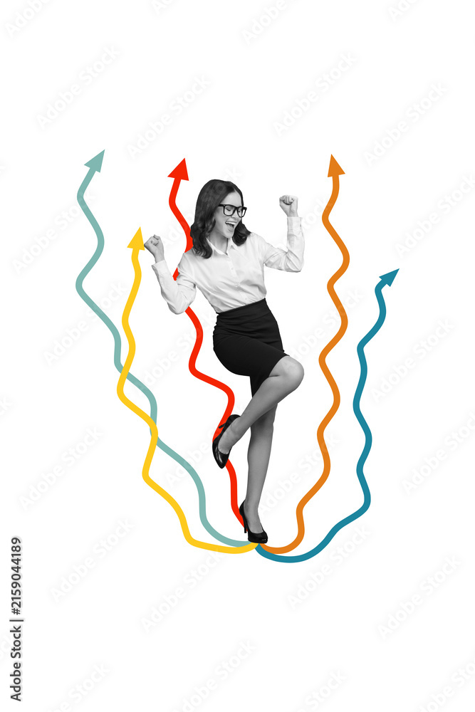 Fototapeta premium Vertical photo collage of happy businesswoman dance arrow development growth success concept achievement isolated on painted background