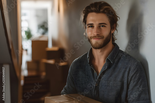 Young adult carrying boxes into small apartment