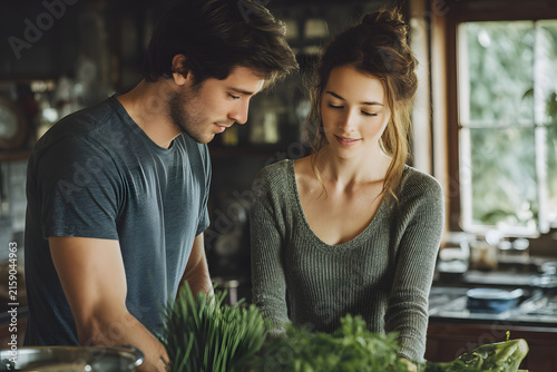 Young couple cooking budget meal at home