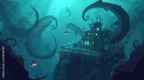 Deep Sea Encounter: A submersible vessel navigates treacherous deep-sea waters, surrounded by colossal ancient creatures and shipwrecks.