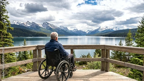 Back shot of a senior man sitting in a wheelchair on a wooden deck looking over a mountain lake.