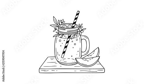 Tropical mango juice beverage thin line summer vector illustration