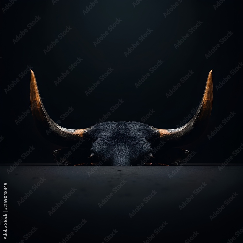 Fototapeta premium Dramatic low key portrait of a bull with large horns lurking in the shadows, representing hidden power and bullish market concept.