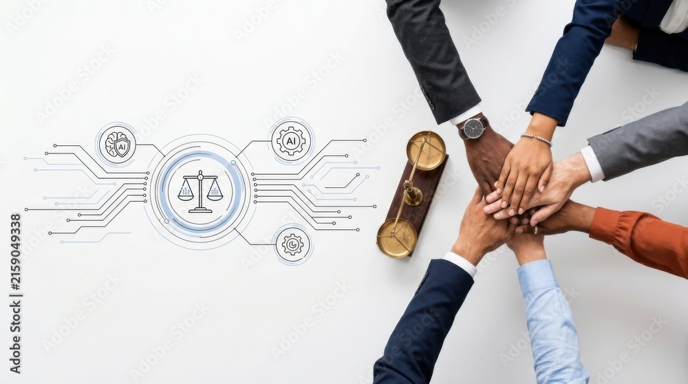 Fototapeta premium Diverse legal team stacking hands together with digital justice tech icons