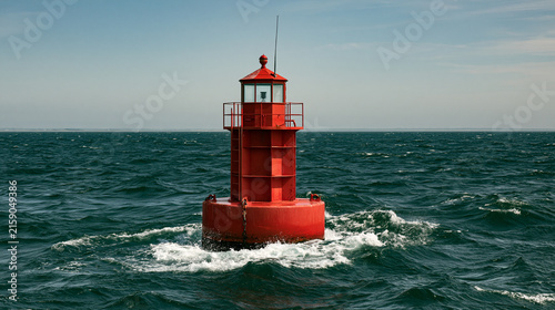 A bright red buoy floats in choppy ocean water under a sunny sky. Perfect for maritime safety and navigation concepts.