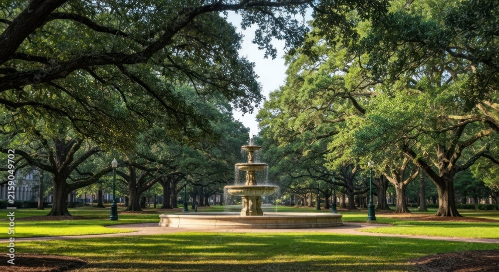 Obraz premium A tranquil park scene featuring a tiered fountain, shaded by lush, mature oak trees