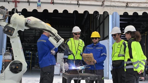 Robotic Welding Collaboration: A team of engineers in safety gear observes a robotic arm performing a precise weld on a metal structure, symbolizing advanced manufacturing and industrial innovation.