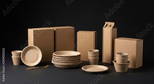 Assortment of eco-friendly, beige, paper-based plates, cups, bowls, boxes, and a milk carton