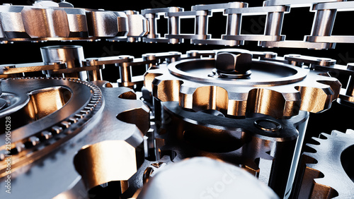 Картината върху платно Complex gear system rotating with metal chains on black background